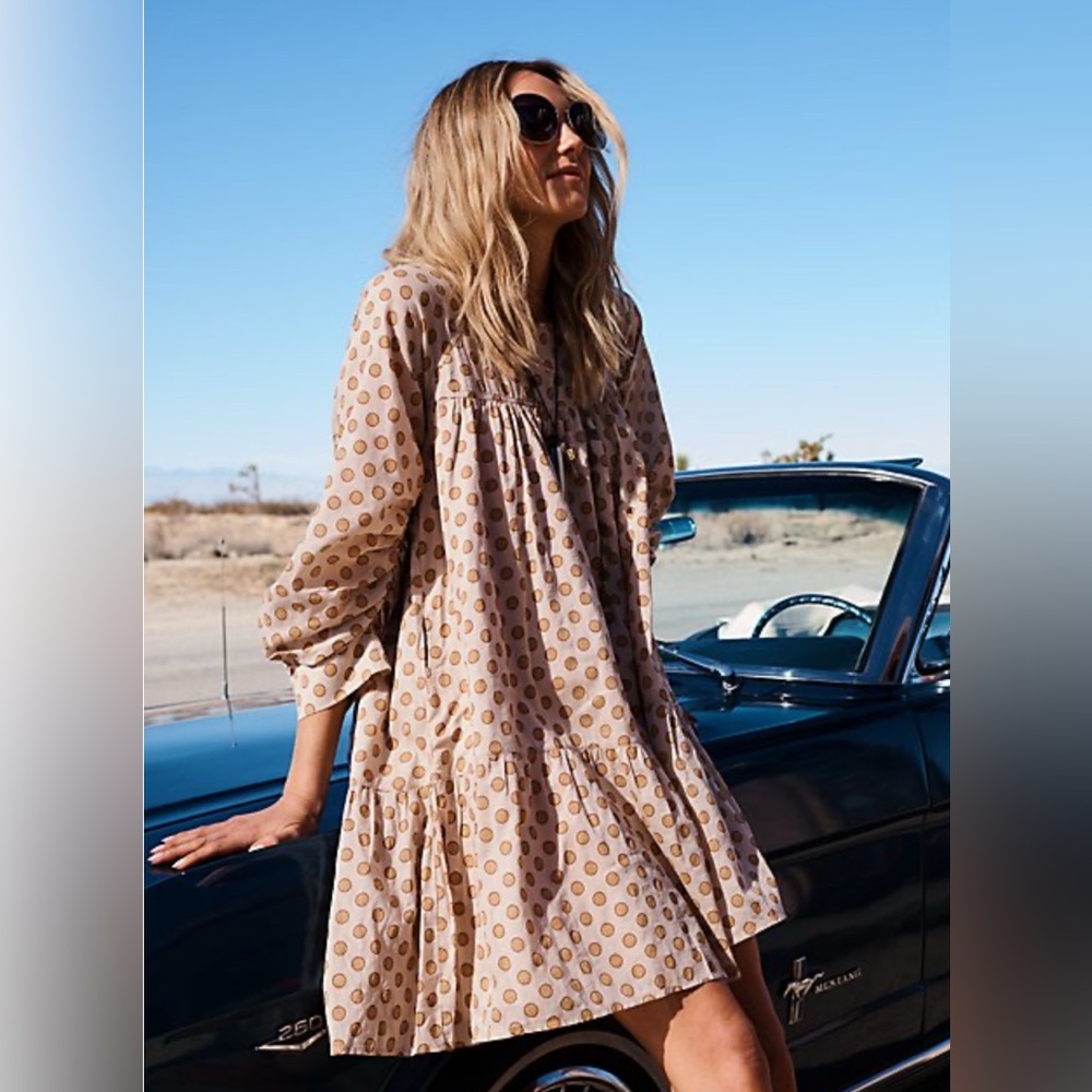 Happy x Nature Luna polka dot neutral tan long sleeve mini dress women’s large